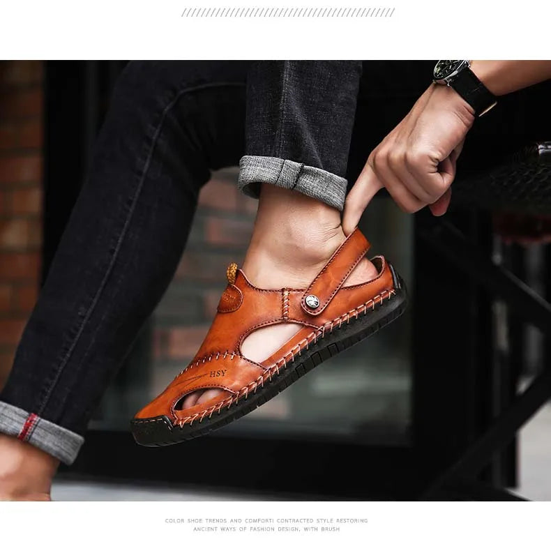 Sandals Man Summer 2023 Leather Slides Breathable Rome Male Outdoor Beach Platform Slippers Soft Hot Sale Men Flat Sandals