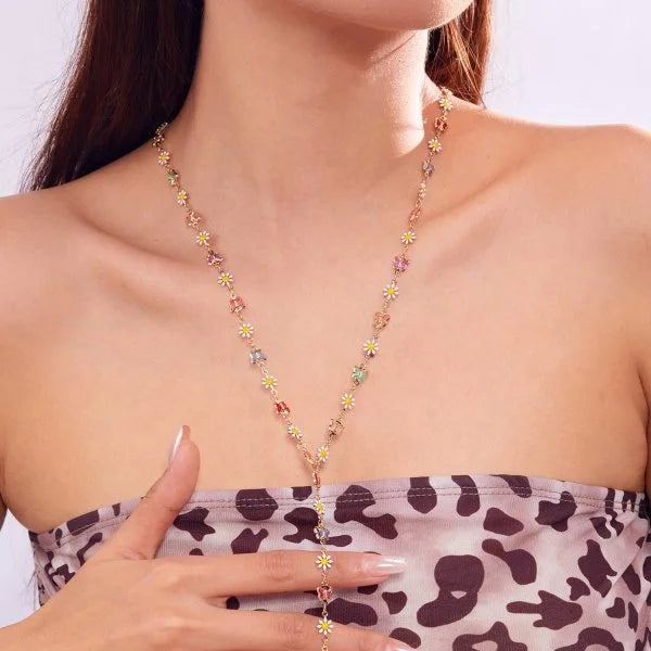 Trendy Gold Silver Color Glass Long Y-Shaped Necklace Metal Collarbone Chain Summer Holiday Party Bohemian Body Jewelry Gifts