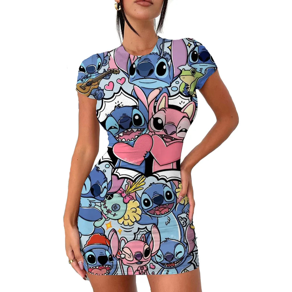 2022 Disney Stitch 3D Cartoon Print Tight Dress Short Sleeve Women's Tight Mini Dress Hip Print Kawaii beach party Women's Dress