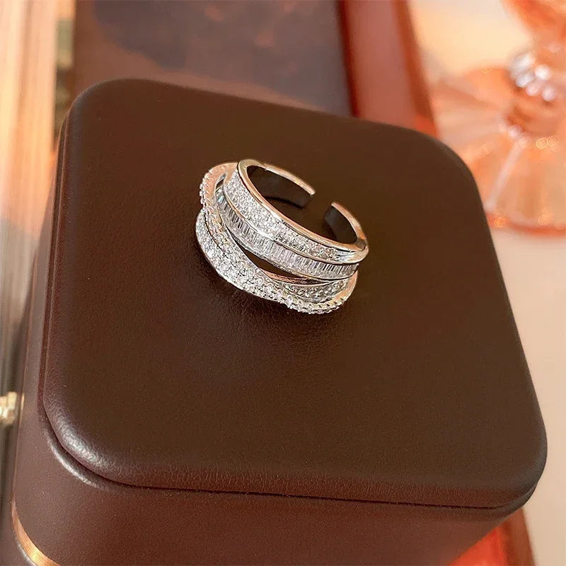 Light Luxury Inlaid Cubic Zircon Finger Ring for Women Classic Cross Design Open Ring Bride Jewelry for Engagement Wedding