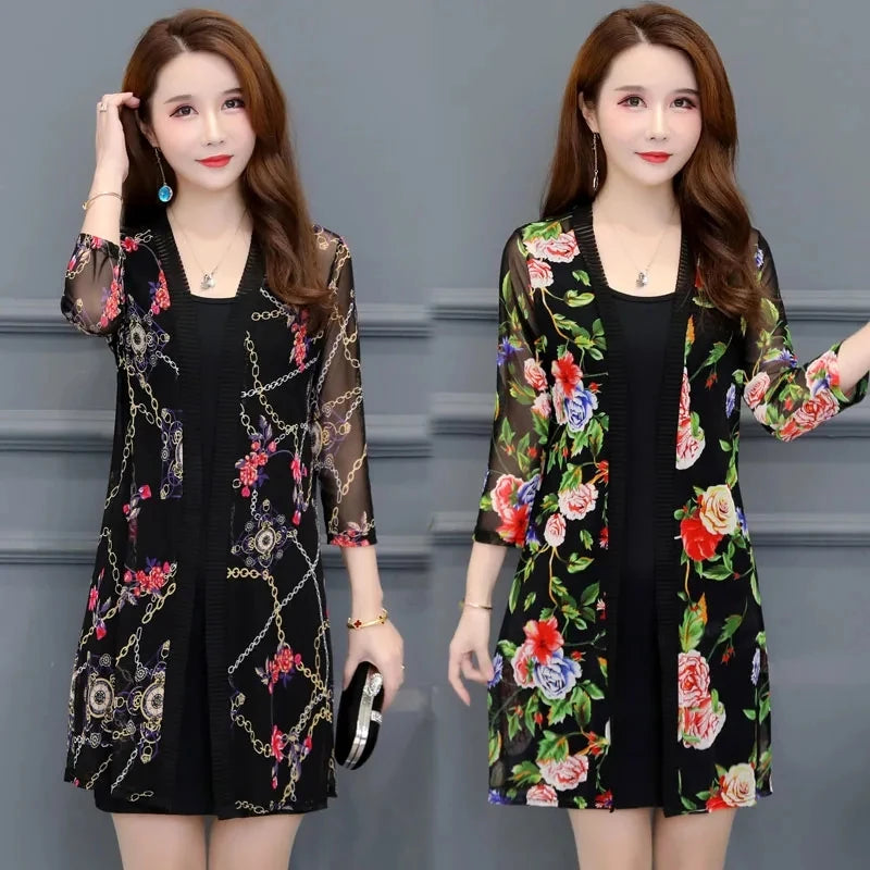 2024 Female Mid Length Large Size Sun Protection Cardigan Tops Coat Women Summer Gauze Lace Print Thin Sun Sunscreen Jacket 5XL