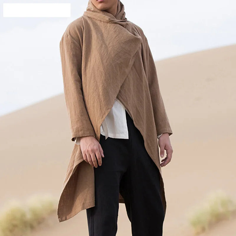 Men's Cotton Linen Cloak Long Irregular Cape Autumn New Long Sleeve Coat
