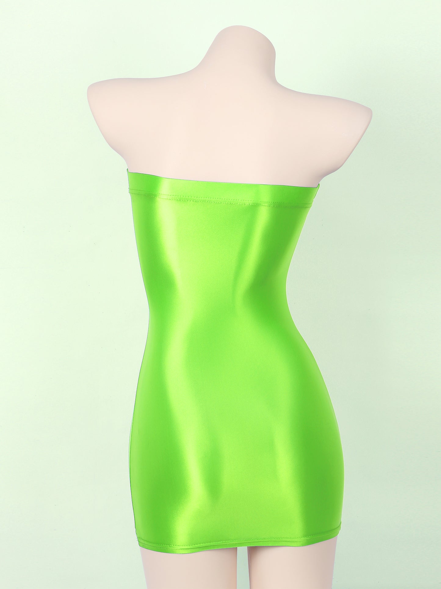 Sexy Women Oil Glossy Sheer Bodycon Dress Females See Through Strapless Pencil Dress Smooth Tight Mini Dress Clubwear