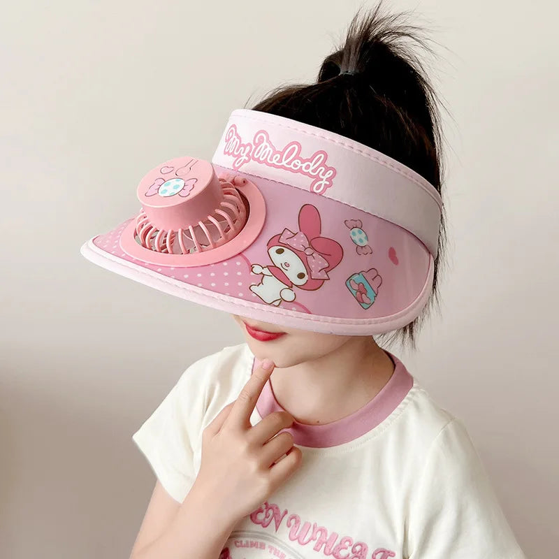 New Cute Kuromi Kids Sun Hat with Cooling Fan Summer Breathable Uv Protection Cap for Boys Girls Outdoor Play Wide Brim Visor