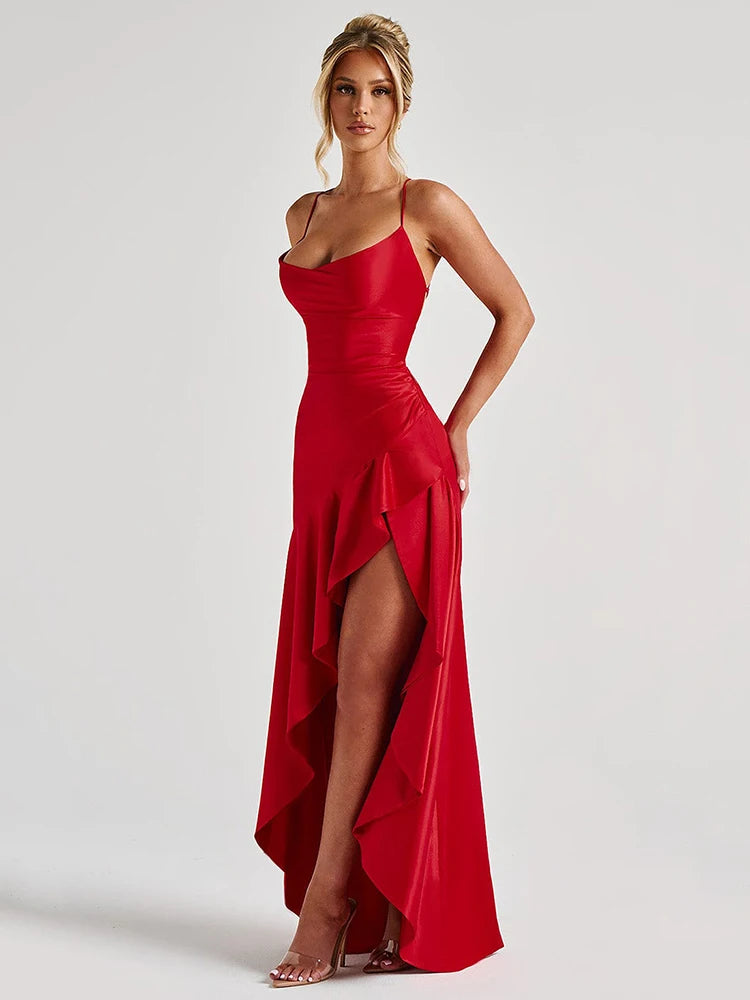 Articat Elegant Spaghetti Strap Satin Split Maxi Dress Women Sexy Backless Bodycon Party Evening Dress Summer Holiday Beachwear