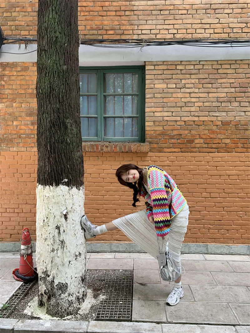 SALIENCY Colorful Crochet Knit Hollow Cardigan Sweater Jacket Women Spring Top Loose Short Knitwear