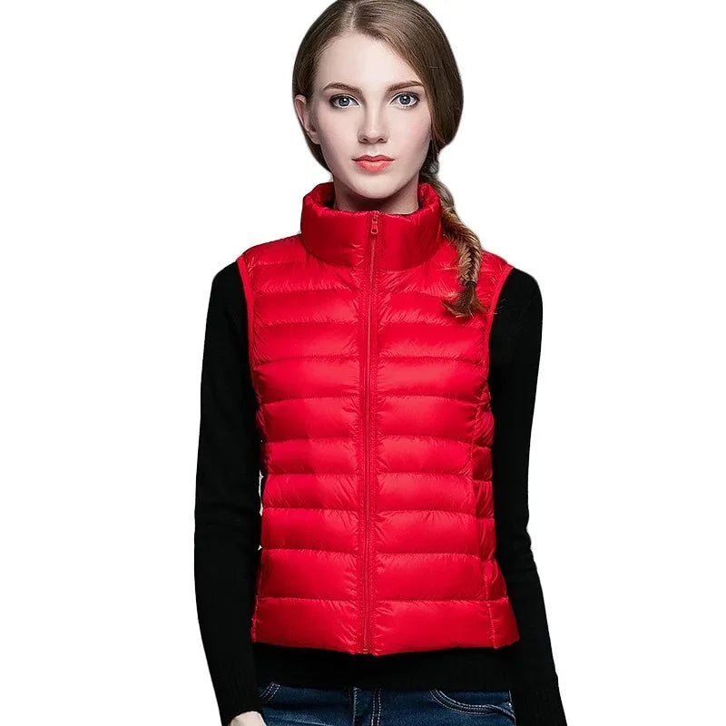 White Stand Collar Women's Sleeveless Down Vest Coat Winter Thin Slim Business Vests White Blue Black Red Women Waistcoat 3XL