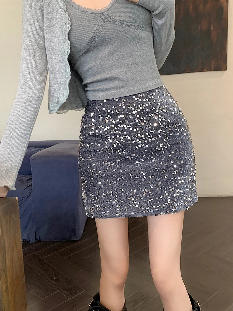 High Waist Sequined Casual A Line Skirts Women 2025 Elegant Korean Fashion Y2k Clothes Sweet Kawaii Black Micro Skirt Harajuku