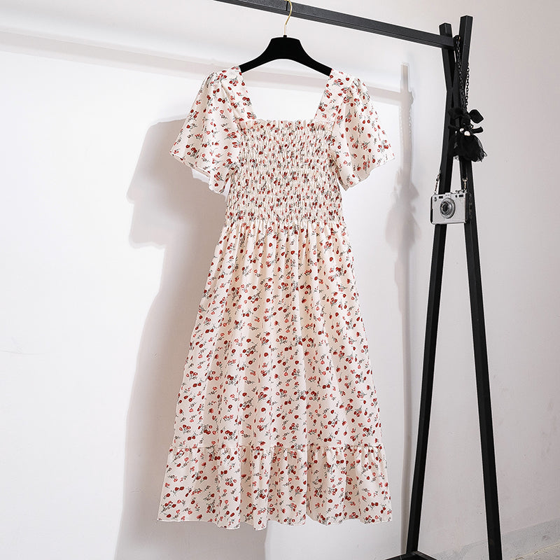 Summer Autumn Fashion Female Short Sleeve Elastic Waist Printed Floral A-line Midi Dress Women Chiffon Dresses Casual Dress