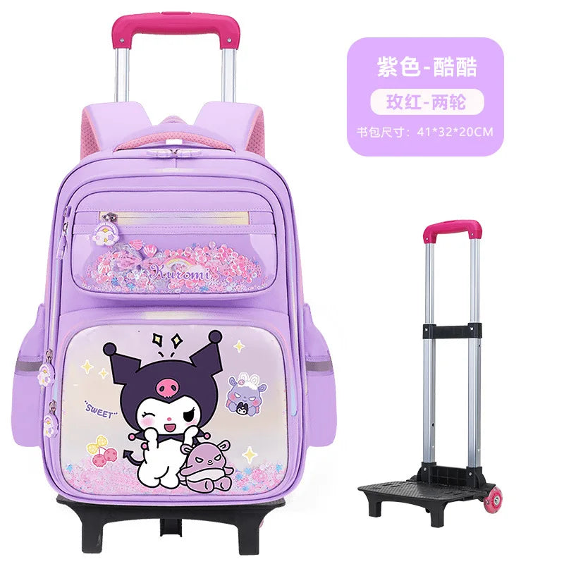 New Kuromi 2-Wheel Trolley School Bag Girls Cartoon Melody Backpack Load-Reducing Large Capacity 6-Wheel Trolley Backpack
