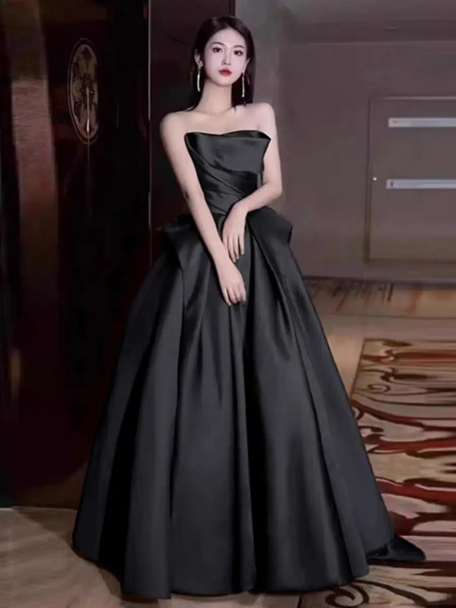 party dresses women evening satin strapless host evening dress female banquet temperament bride toast wine red black prom dress
