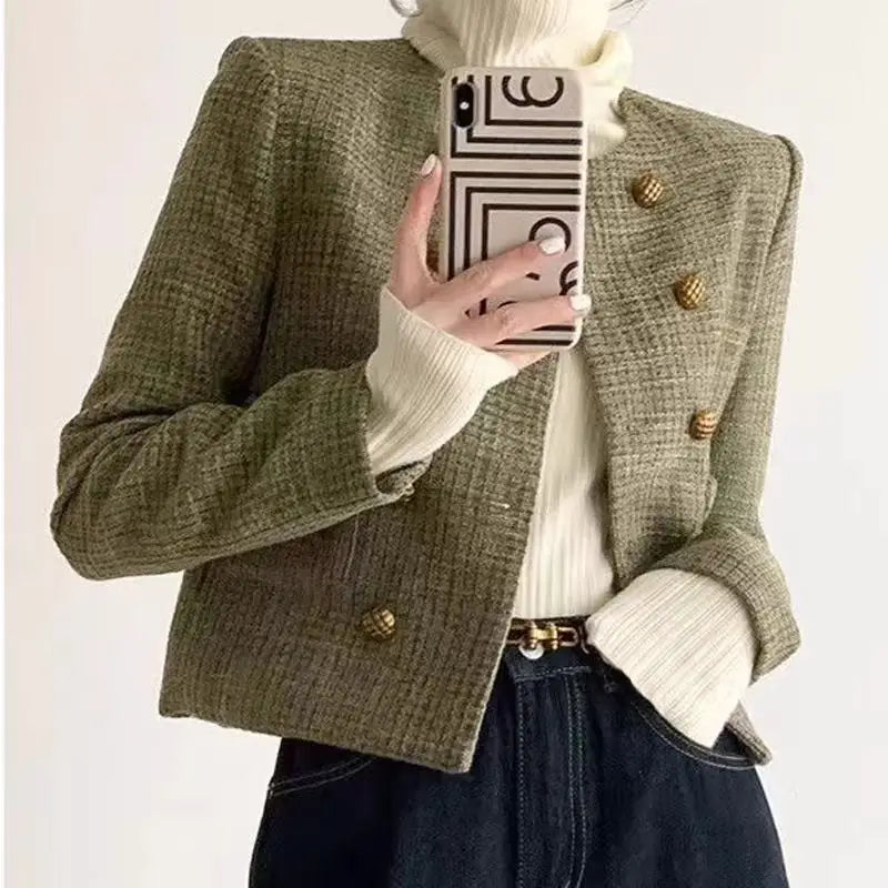 HELIAR Office Lady Elegant Tweed Jackets Korean Fashion Simple Coat Women Casual O Neck Pockets All Match Autumn Winter Outwear
