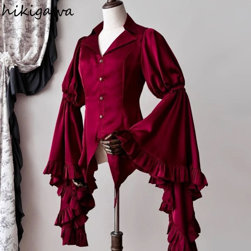 2025 Camisas De Mujer Vintage Blouses Women's Clothes Temperament Lady Tops Japanese Shirt Flare Sleeve Goth Slim Fit Blouse