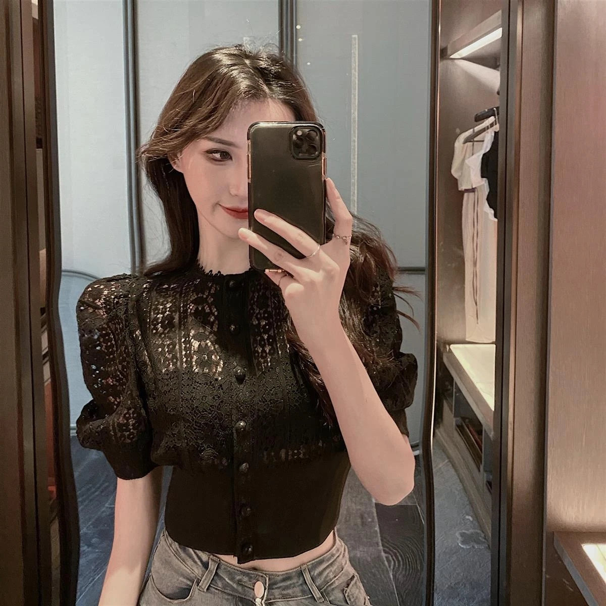 Woherb Sweet Crochet Top Blouse Women Sexy Hollow Out Shirt Vintage Puff Sleeve Korean Shirts Fashion Chic Tops Blusas