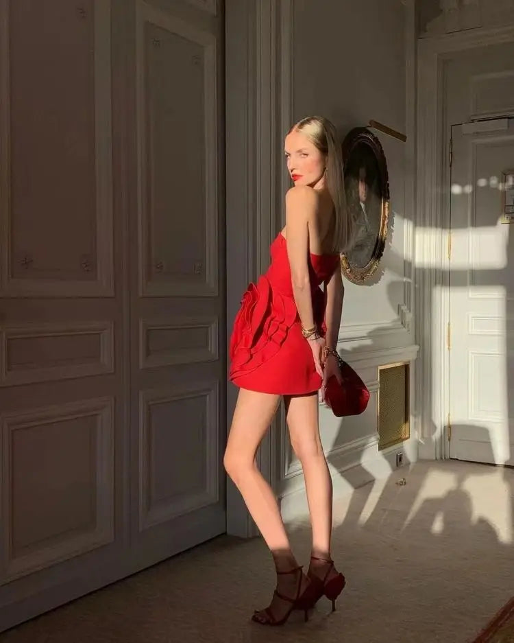 Red Brithday Dresses for Women Elegant prom Gown Sexy Strapless 3d Big Flower Evening Dress 2025 Summer Fashion Party Outfits