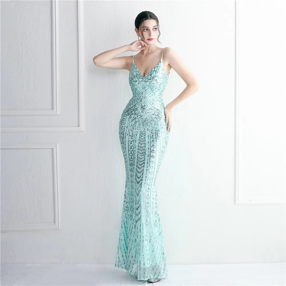 Women's Black Long Sleeve Padded Strap Sequin Dress Length, Sparkles Stretch, V Neck Mermaid, Formal Evening Dress, Night Party