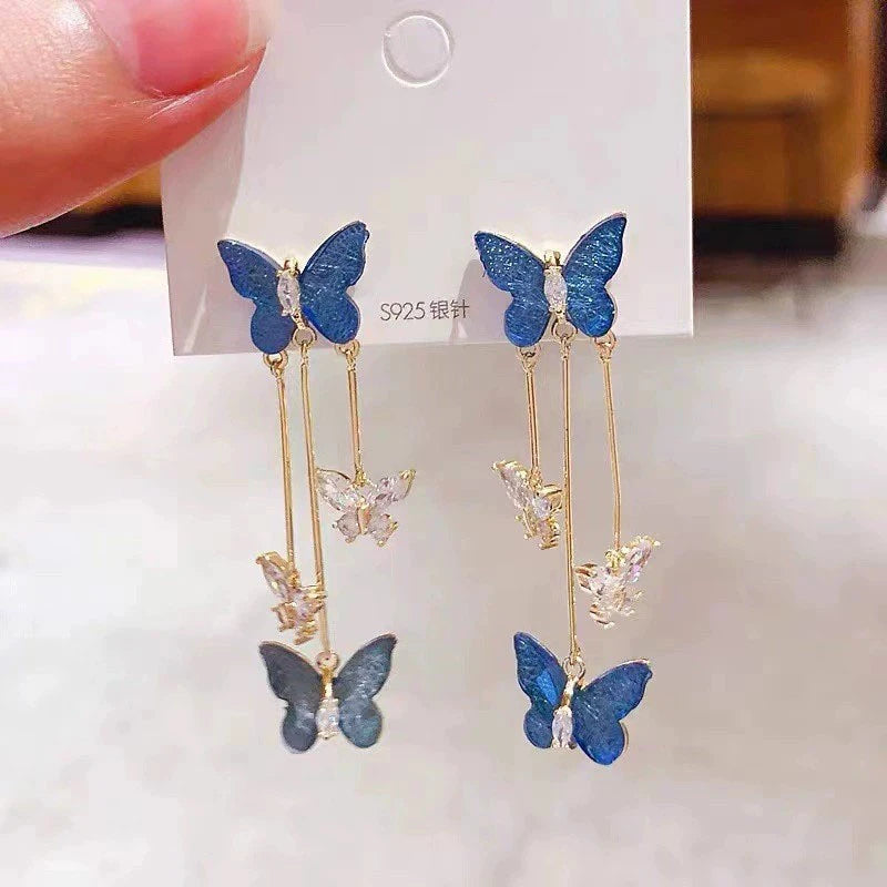 925 Silver Needle Blue Purple Butterfly Long Tassel Earrings For Women Jewelry 2025 Trending New Korean Crystal Drop Earrings