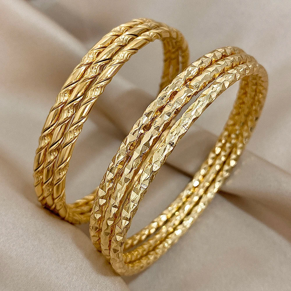 New 3pcs Irregular Textured Bracelets For Women Simple 18K Gold Plated Wristband Bangle Girls Smooth Jewelry Accessories
