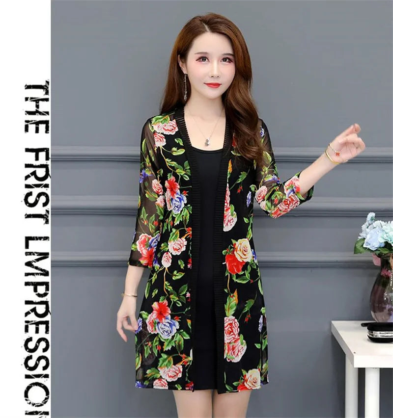 2024 Female Mid Length Large Size Sun Protection Cardigan Tops Coat Women Summer Gauze Lace Print Thin Sun Sunscreen Jacket 5XL