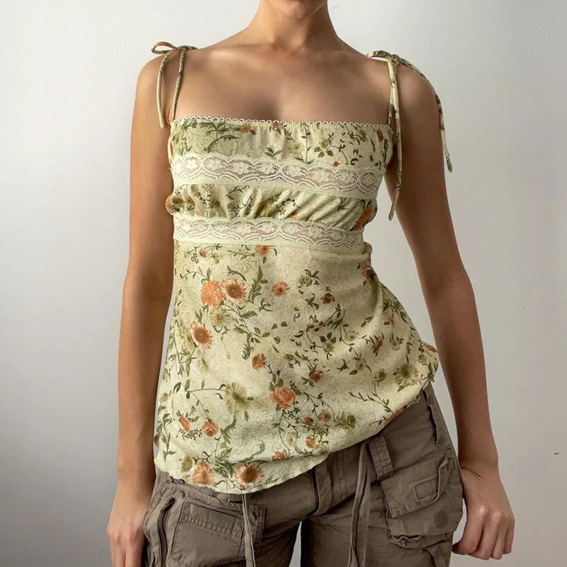 y2k Coquette Tops Women Fairycore Clothing Floral Lace Trim Patchwork Spaghetti Strap Sleeveless Camisole Vest Streetwear