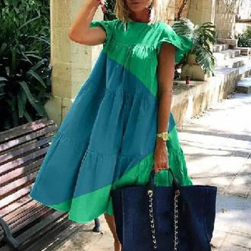 Summer Fashion Boho Print Dress Lady Casual O-Neck Pullover Ruffles Short Sleeve Loose Dresses For Women Holiday Beach Dress New