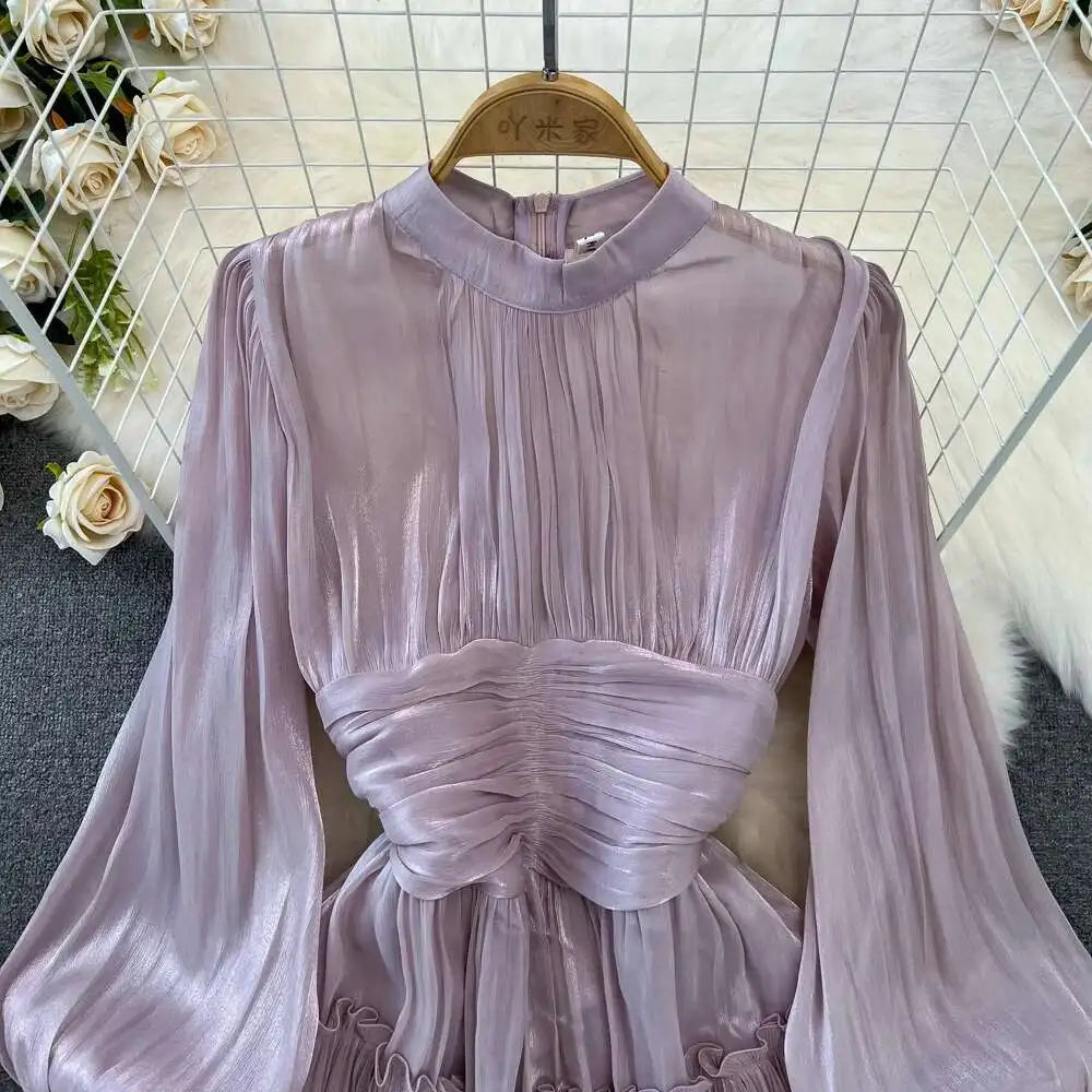 Elegant Long Sleeve Midi Party Dresses Women Summer Autumn Bright Faux Silk Retro Solid Evening Party Vestidos