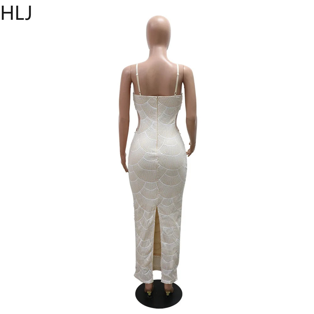 HLJ Sexy Sequin Hollow Bodycon Spaghetti Strap Evening Party Dresses Women Round Neck Sleeveless Slim Vestidos Fashion Clothing