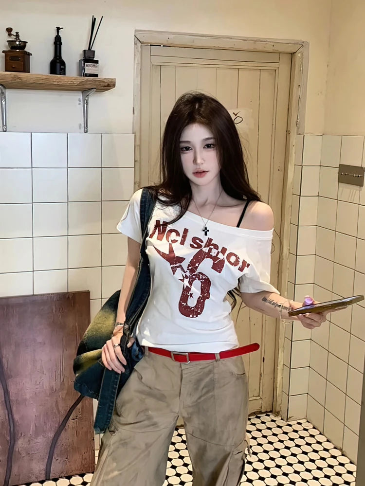 Y2k スポーツ サマー オフショルダー トップ レディース セクシー ヴィンテージ 2000年代 ショートスリーブ Tシャツ レディ ボディ ベーシック クロップトップ 女性 カジュアル