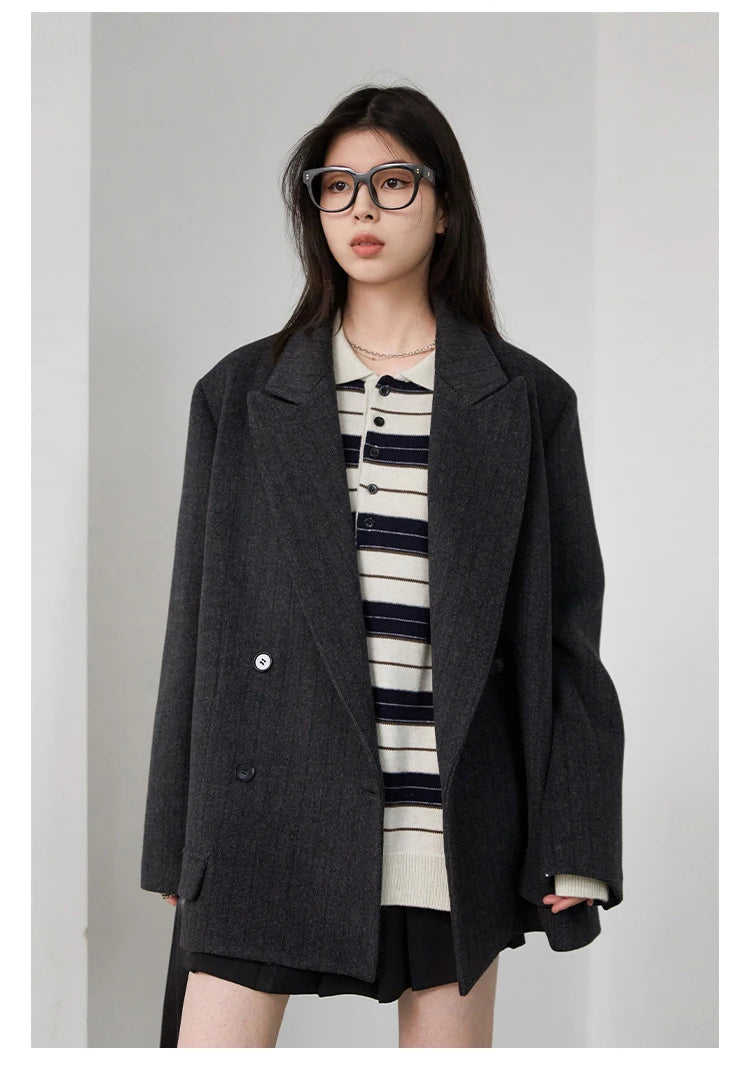 CHIC VEN Women Woolen Blazer Loose Vintage V Neck Female Jacket Suit Double Breasted Office Ladies Coat Spring Autumn 2025