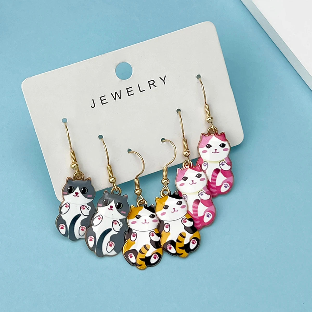 3Pairs/Set New Fun and Cute Enamel Alloy Cat Dangle Earrings Cartoon Style Colored Cat Ear Jewelry Set Gift For Women Girls
