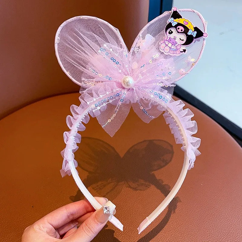 Kawaii Sanrio Kuromi Children Headband Hello Kitty Melody Cinnamoroll Cartoon Bow Shiny Hairband Hair Accessories Christmas Gift
