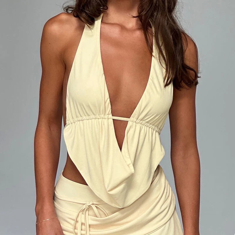 Summer New Tank Women Sexy Sleeveless V-Neck Lady Crop Top Fashion Black Backless Streetwear Casual Slim Tank Elegant Clothing