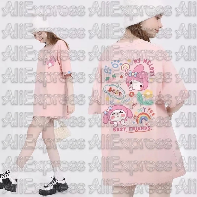 MOTO Kawaii Sanrioed Womens T-Shirt Anime Kuromi Cinnamoroll Cotton Round Neck My Melody Kuromi Printing Tops Girls Summer