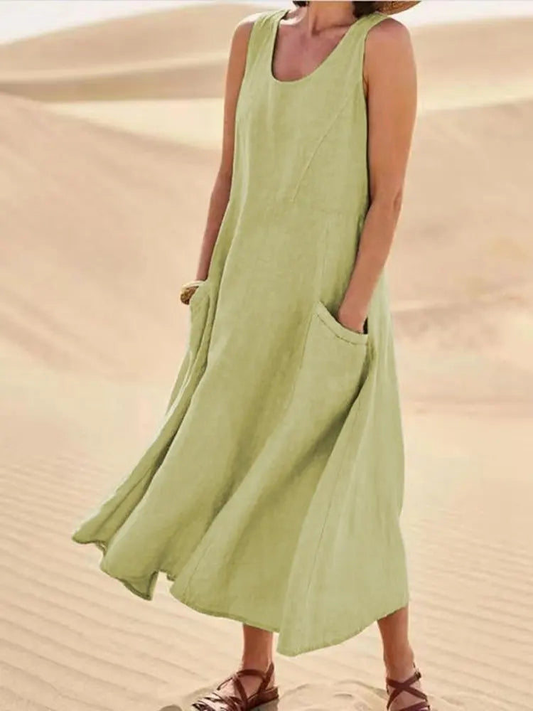Chic Women Coton Linen Sundress Summer Female Sleeveless Double Big Pocket Loose Sand Beachwear Long Dress Oversized Vestidos