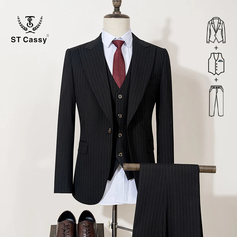ST Cassy 高品質ブラックストライプスーツ スリムフィット 豪華でエレガントなメンズビジネススーツ 結婚式ファッション服 3点セット