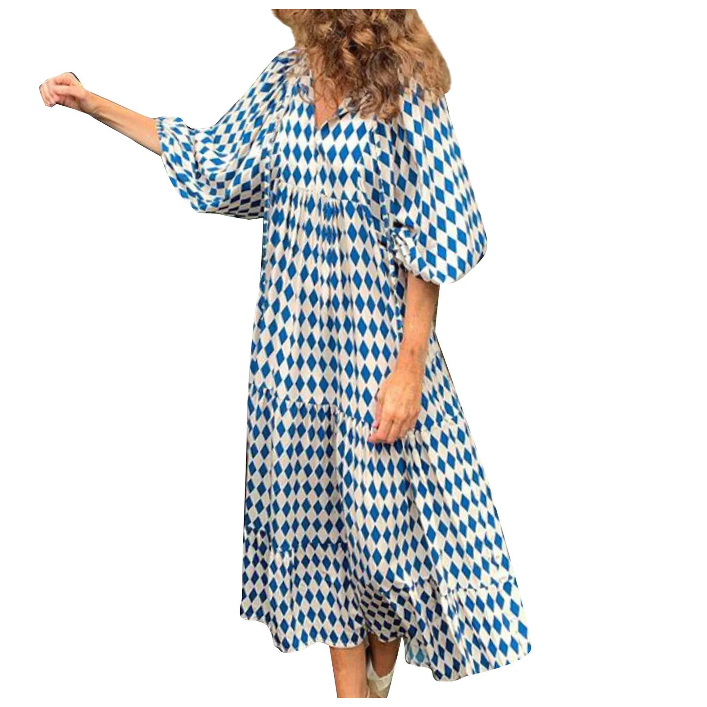Women's Summer Casual Fashion Geometric Print Neckline Lace-up Bubble Middle-sleeves Ruffle Stitching Big Swing Long Losse Dress
