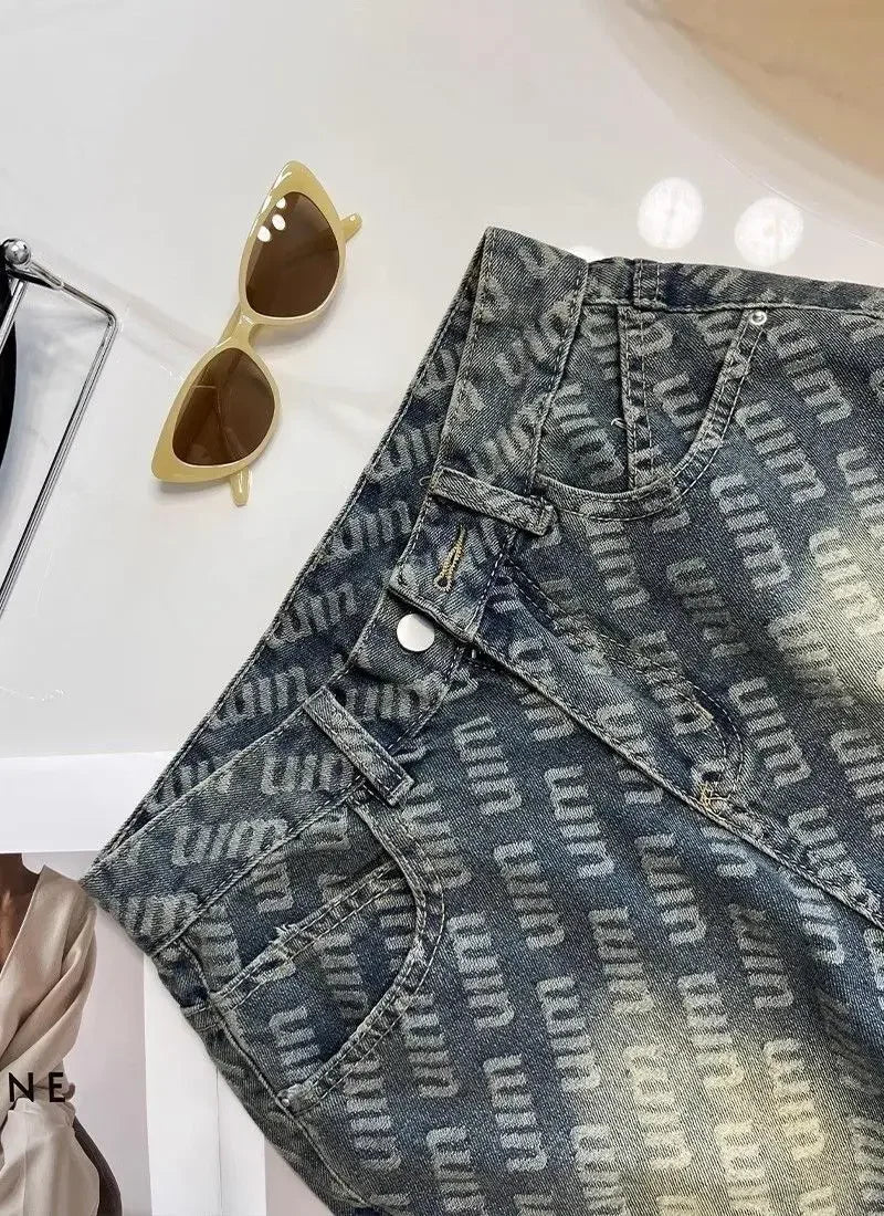 Letter Printed Denim Shorts Women Design High Waist Loose Slimming Wide-leg A-line Hot Pants