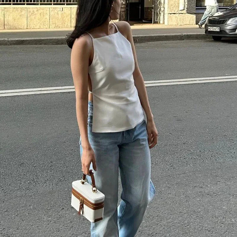 TRAF Sleeveless Women's Tanks Top Summer Black Crop Top Women Sexy Backless White Top Woman Fashion Party Short Tops With Straps