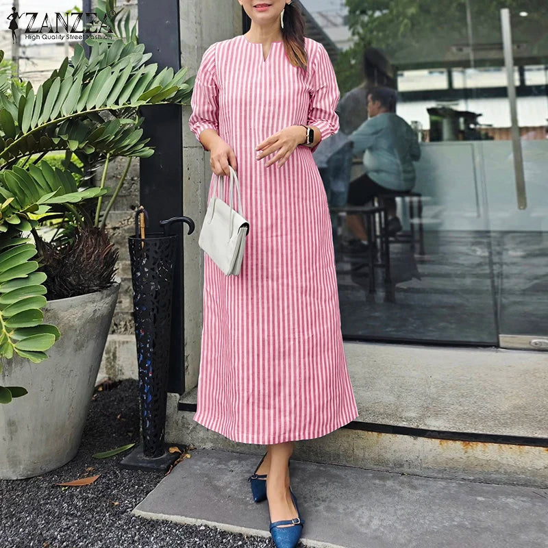 2025 Autumn Striped Dresses ZANZEA Fashion Women V Neck Long Sleeve Work Dress Elegant Office OL Sundress Maxi Long Vestido Robe