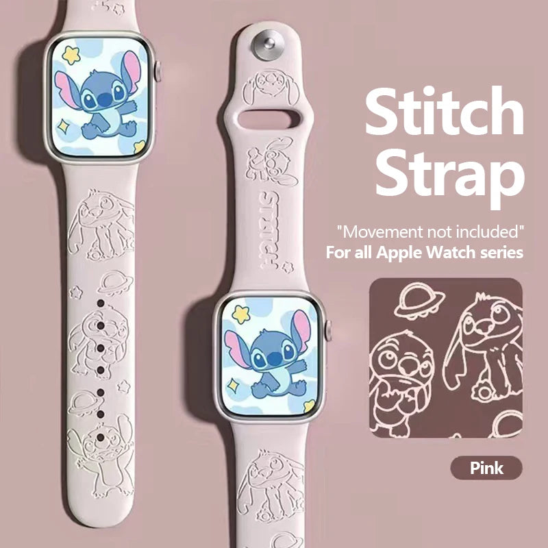 ハローキティとスティッチのシリコンバンド、Apple Watch用、38-45mm、Saniro製、3Dレーザー彫刻、iWatchシリーズSE、7、5、6、8、9、Ultra 2対応