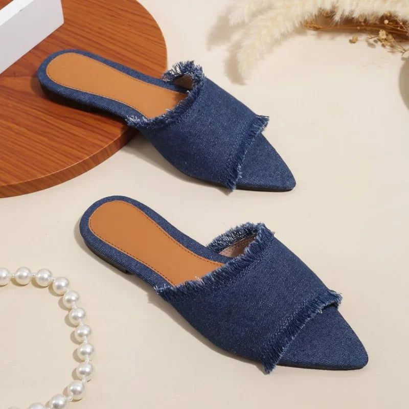 Women Flats Cowboy Slippers Fashion Beach Dress Shoes Summer Femme Pointed Toe Flip Flops New Casual Slides Zapatos Mujer