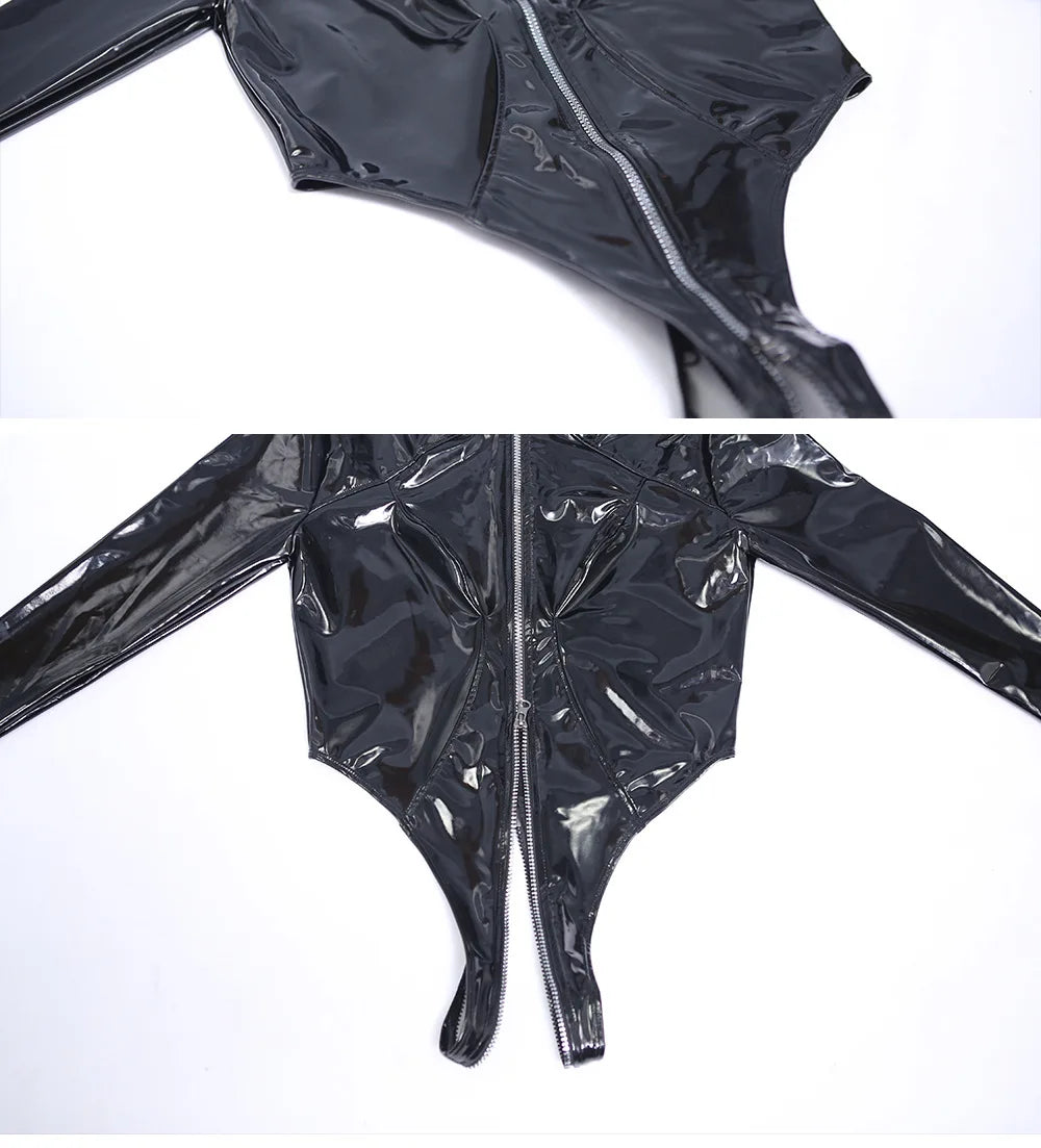 Shiny Faux PU Leather Zipper Open Crotch Bodysuit Wet Look PVC Catsuit Tight Sexy Body Teddies High Cut Swimsuit Leotard Unitard