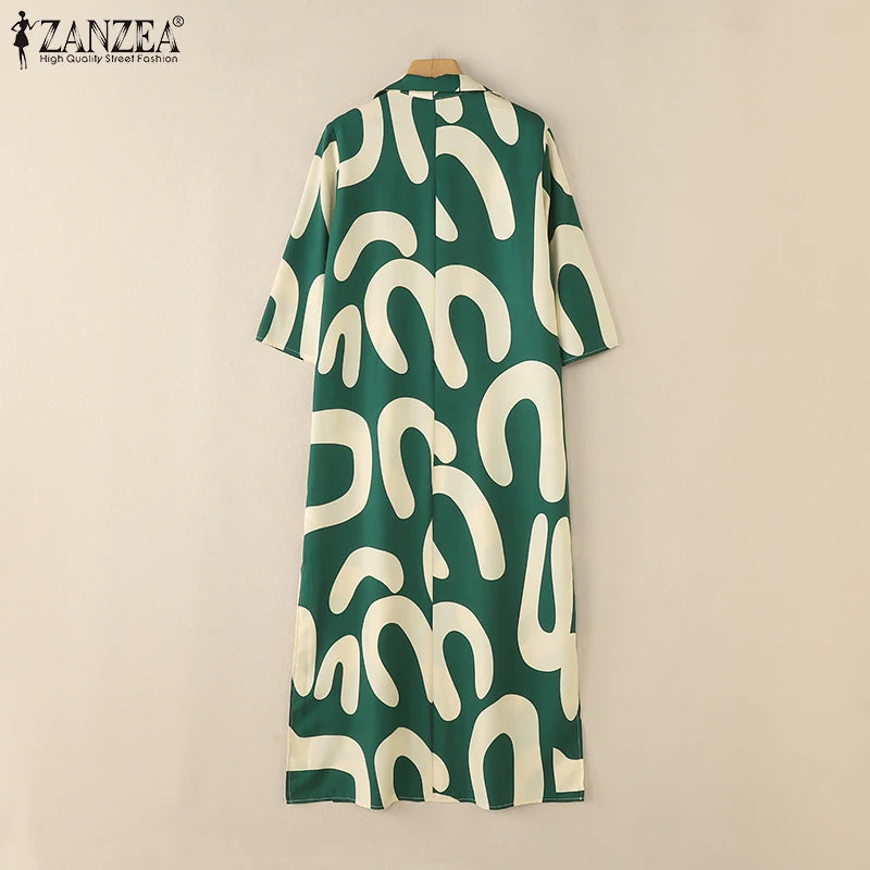 2025 ZANZEA Fashion Autumn Printed Dresses Women Maxi Long Dress Lapel Neck Long Sleeve Robe Casual Kaftan Vestidos Oversize