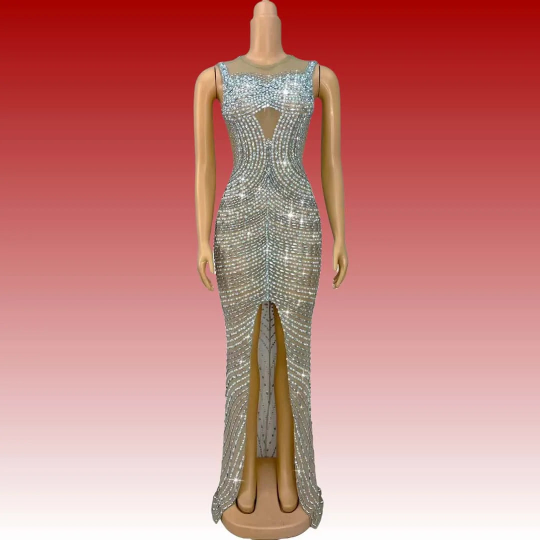 Shuanggouqun Sleeveless Tight Sexy Full Diamond Pearl Split Long Dresses Women Birthday Party Dinner Bar DJ Performance Costume