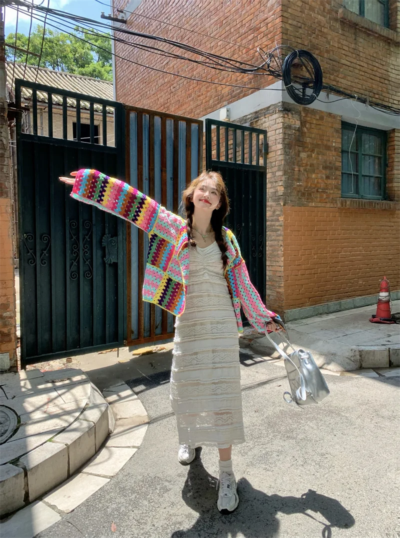 SALIENCY Colorful Crochet Knit Hollow Cardigan Sweater Jacket Women Spring Top Loose Short Knitwear