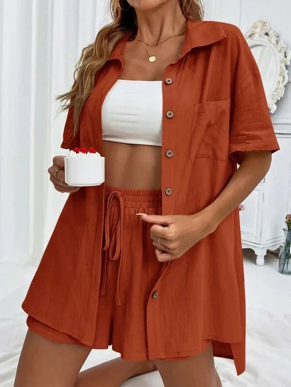 Long Sleeve Single breasted Top Broad legged Shorts Set Fashion Ladies Sexy Solid Suits 2024 Summer 2 Piece Outfits For Women