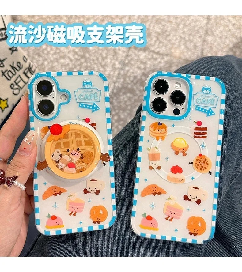 豪華でキュートなワッフルケーキのMagSafeワイヤレス充電ケース、iPhone 13 14 15 16 Pro Max用、面白い漫画ワッフルシェイクマグネットホルダー