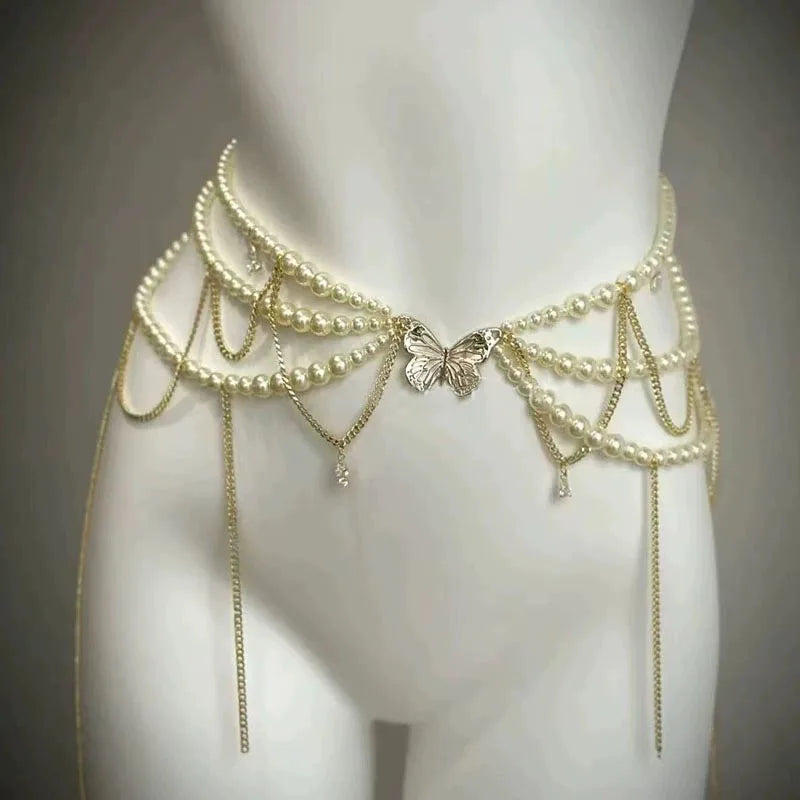 Y2K Designer belt Jewelry Multilayer Pearl waist chain for Women's Fashion Retro Character Playing Body Accessories Party Belts