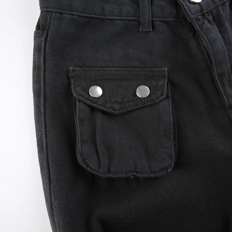 2022 trend Women Black Cargo Jeans with Multi Pockets Metal Buckle Belt Straight Trousers