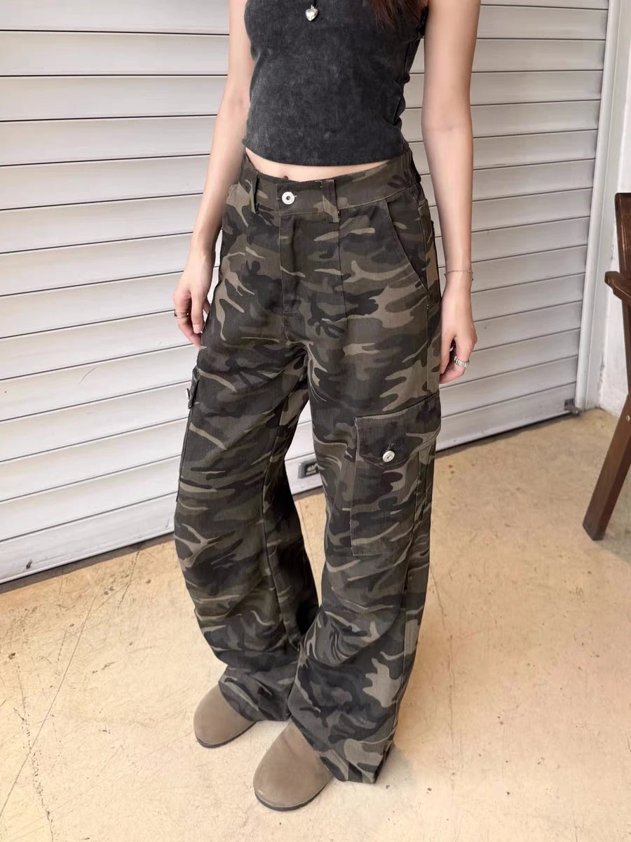 アメリカンレトロ カモフラージュ ゆったりストレートレッグ ワークパンツ レディース ストリートデザイン センセーション デニム ハイストリート ロングジーンズ